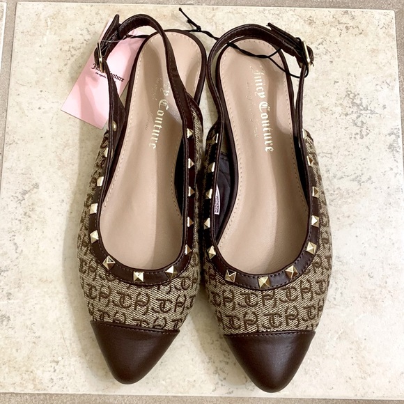NWT Juicy Couture ballet sling-backs, brown, w/ signature fabric and gol… - Picture 7 of 11